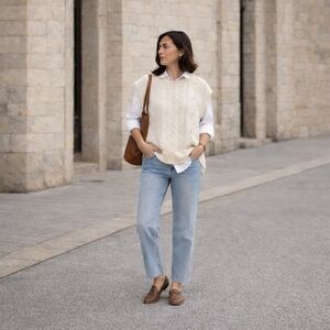 Frye & Co Asymmetrical Cable Knit Sweater Vest Cream Cotton Blend Preppy Size M